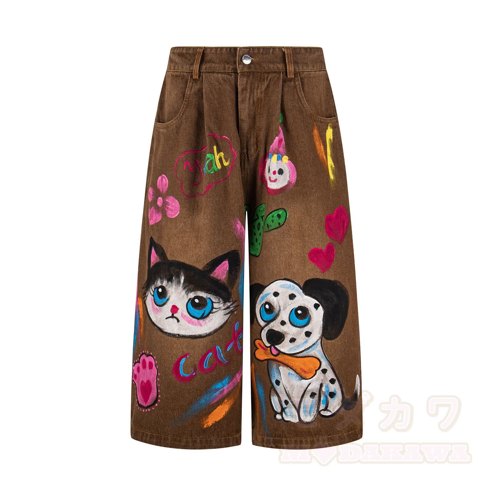 Vintage Jeans-Caprihose mit handgezeichnetem Katzen- und Hunde-Graffiti. - Braun - XL - image 1