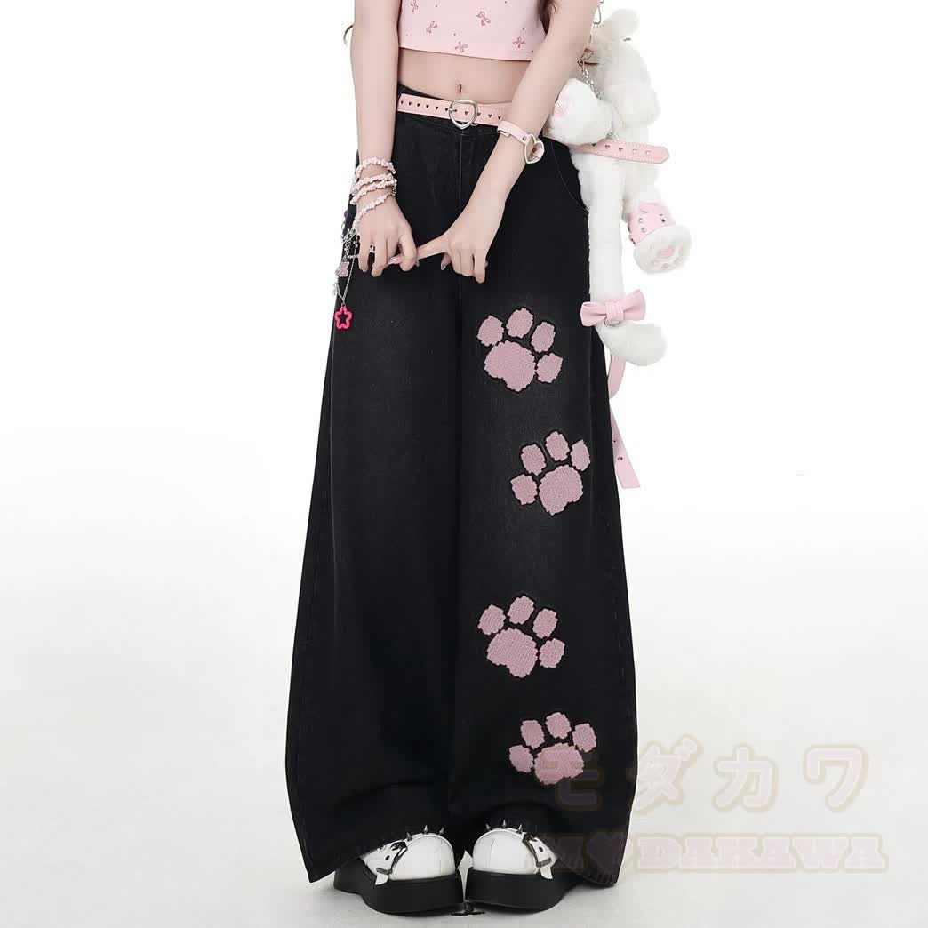 MODAKAWA Kurzarm-Hoodie mit verspieltem Katzenmotiv und passender Jeans - Hose - XL - image 3