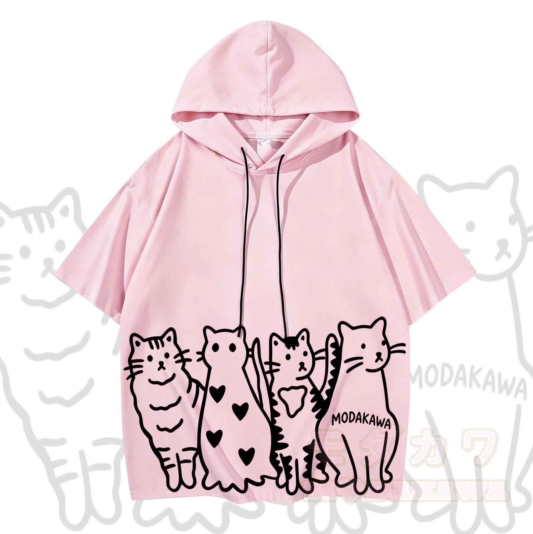 MODAKAWA Kurzarm-Hoodie mit verspieltem Katzenmotiv und passender Jeans - Spitze - XL - image 2