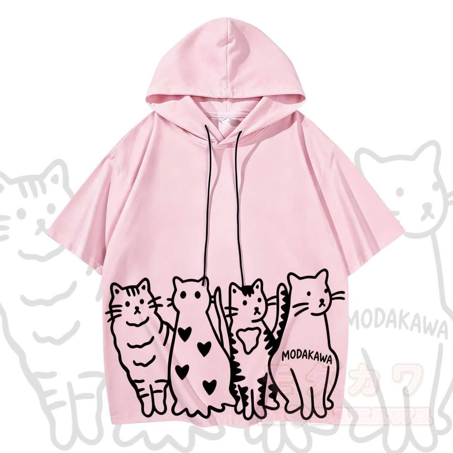 MODAKAWA Kurzarm-Hoodie mit verspieltem Katzenmotiv und passender Jeans - Spitze - XL - image 2