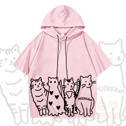MODAKAWA Kurzarm-Hoodie mit verspieltem Katzenmotiv und passender Jeans - Spitze - XL - image 2