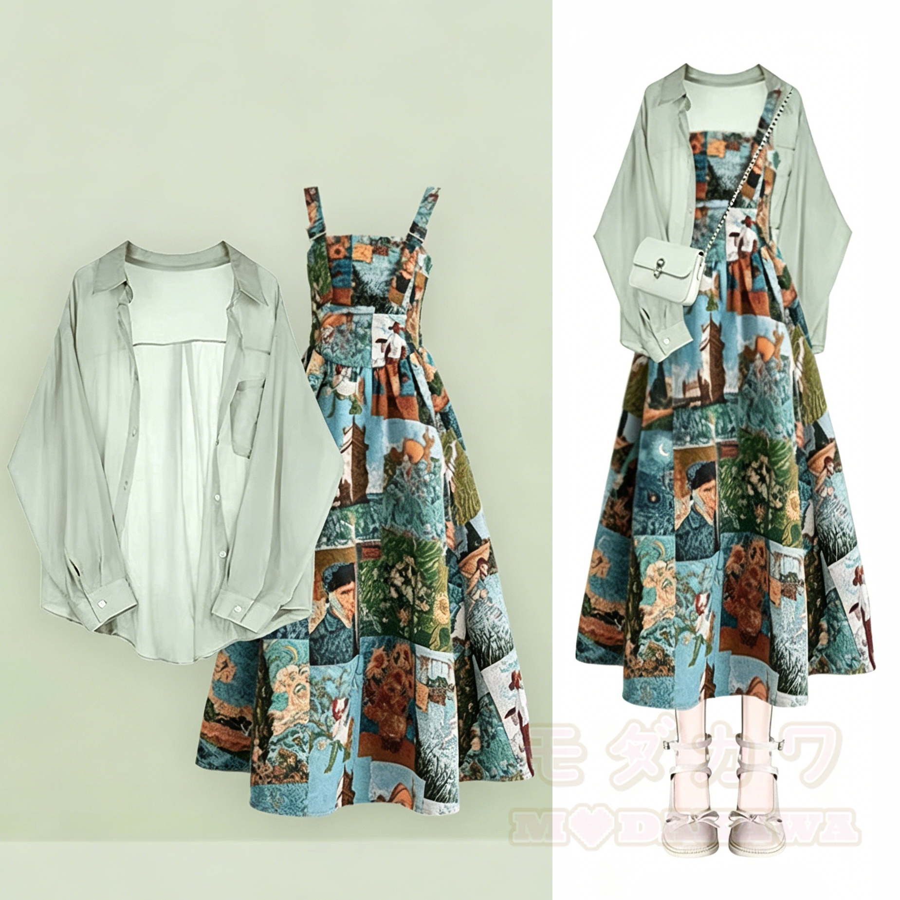 Zweiteiliges Set aus Hemd und Kleid mit Ölgemälde-Print - Satz - 4XL - image 1