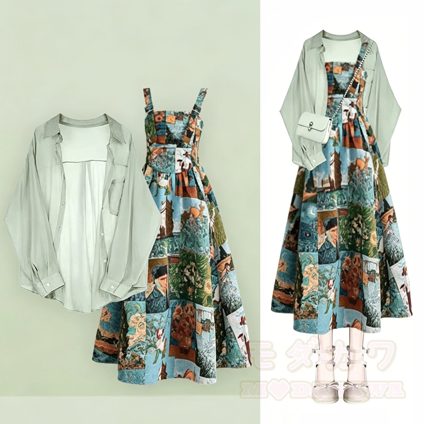 Zweiteiliges Set aus Hemd und Kleid mit Ölgemälde-Print - Satz - 4XL - image 1