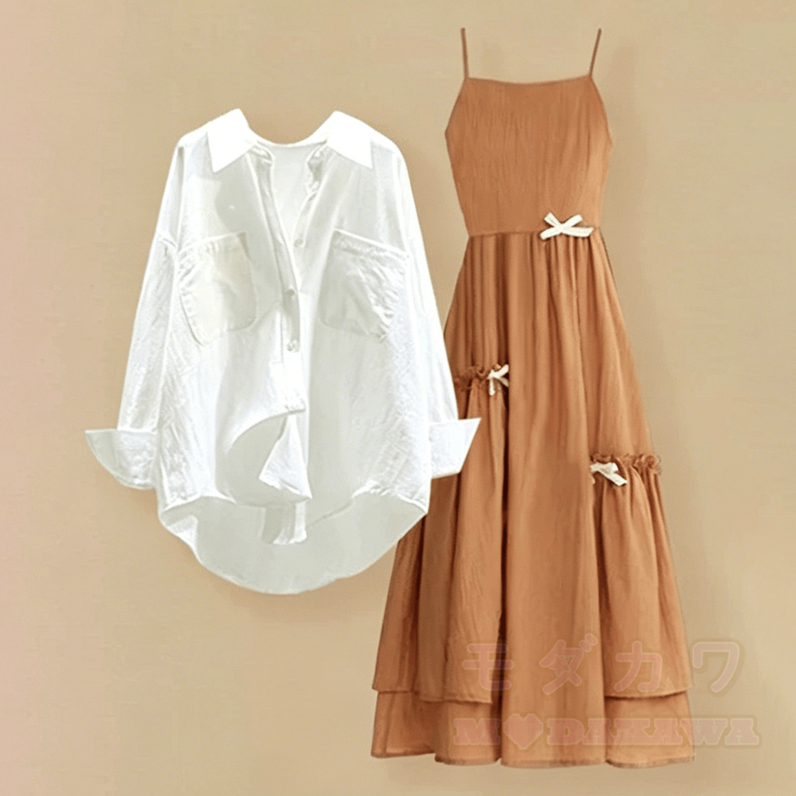Sommerliches orangefarbenes Trägerkleid mit passendem Oberteil, zweiteiliges Set - image 2