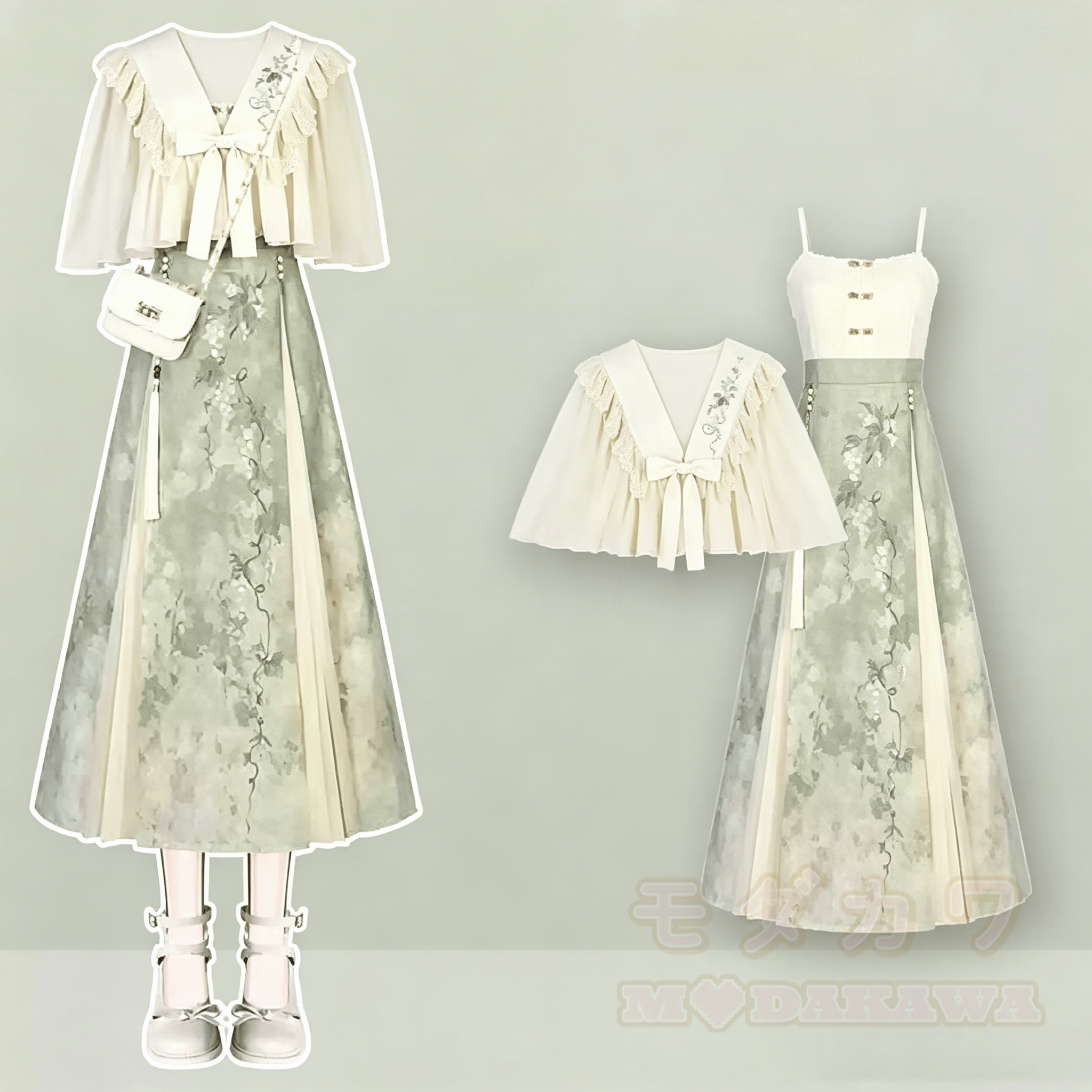 Vintage-Bluse mit bestickter Schleife und plissiertem Trägerkleid, zweiteiliges Set - Satz - 4XL - image 1