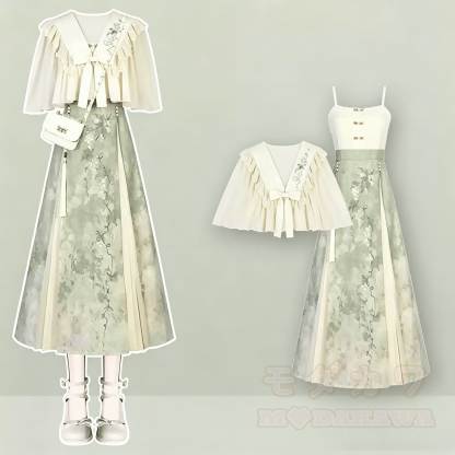 Vintage-Bluse mit bestickter Schleife und plissiertem Trägerkleid, zweiteiliges Set - Satz - 4XL - image 1