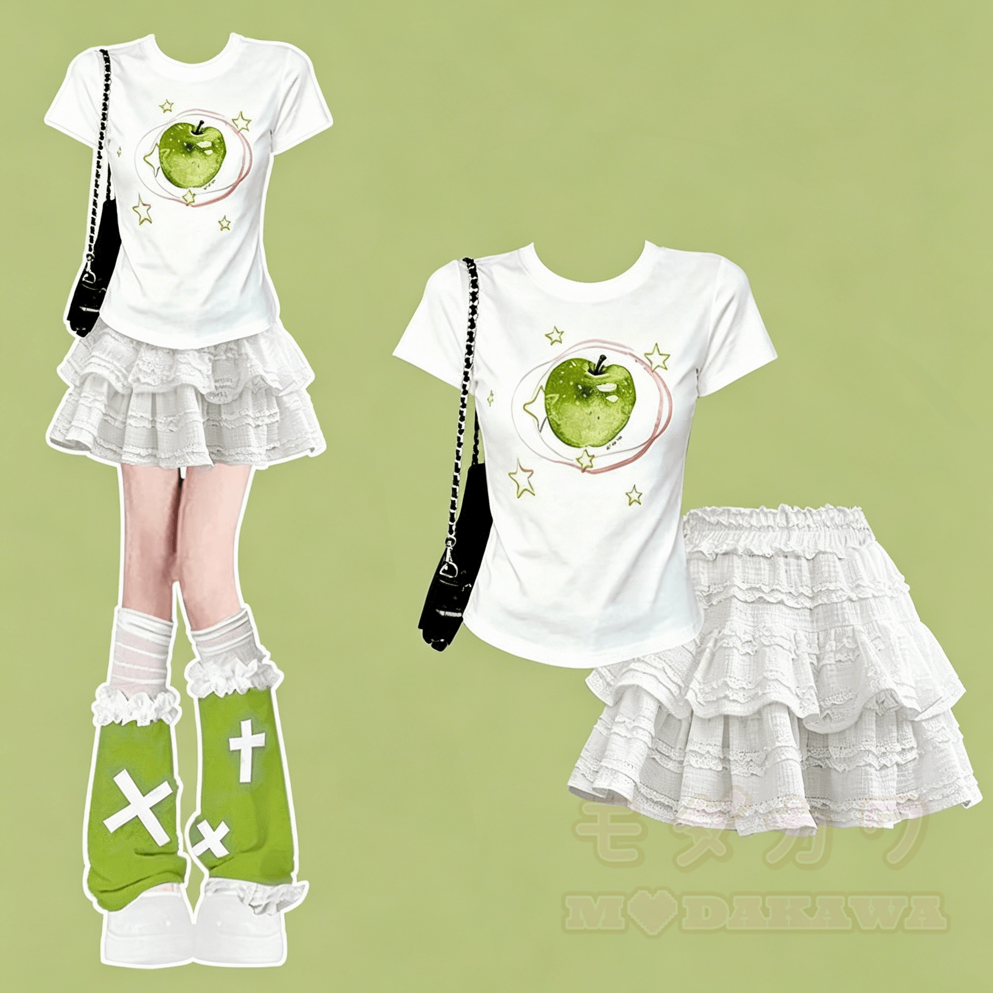 Zweiteiliges Set: T-Shirt mit süßem Apfelprint in Süßgrün und Minirock aus Spitze - Satz - 2XL - image 1