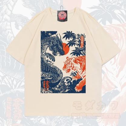 MODAKAWA Sommer-T-Shirt mit Drachen- und Tigerprint, lockere Passform, Kurzarm - Beige - 5XL - image 1
