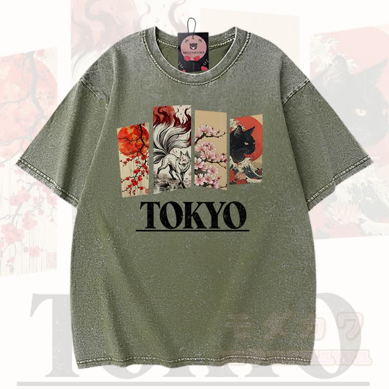 MODAKAWA Vintage TOKYO Fuchs-Kirschblüten-Katzenprint Kurzarm-T-Shirt - Grün - 3XL - image 1