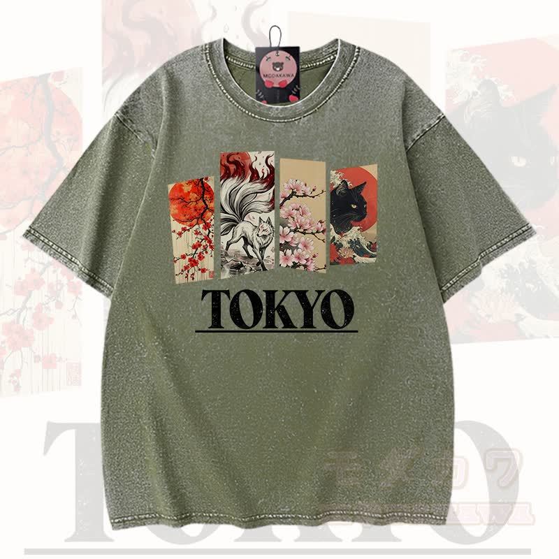 MODAKAWA Vintage TOKYO Fuchs-Kirschblüten-Katzenprint Kurzarm-T-Shirt - Grün - 3XL - image 1