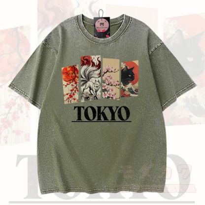 MODAKAWA Vintage TOKYO Fuchs-Kirschblüten-Katzenprint Kurzarm-T-Shirt - Grün - 3XL - image 1