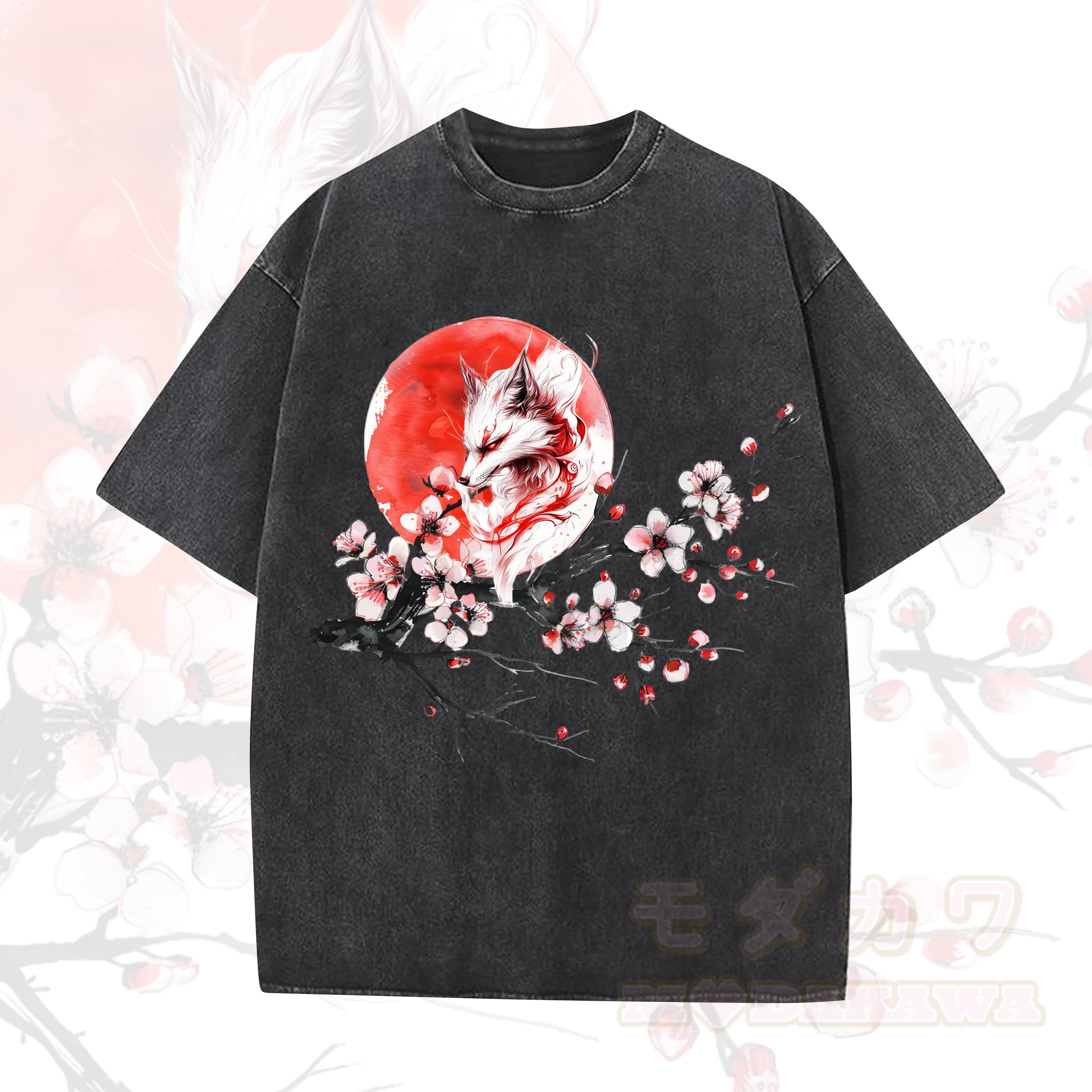MODAKAWA Vintage Washed Fox Sun Plum Blossom Print Kurzarm-T-Shirt - Schwarz - 5XL - image 1