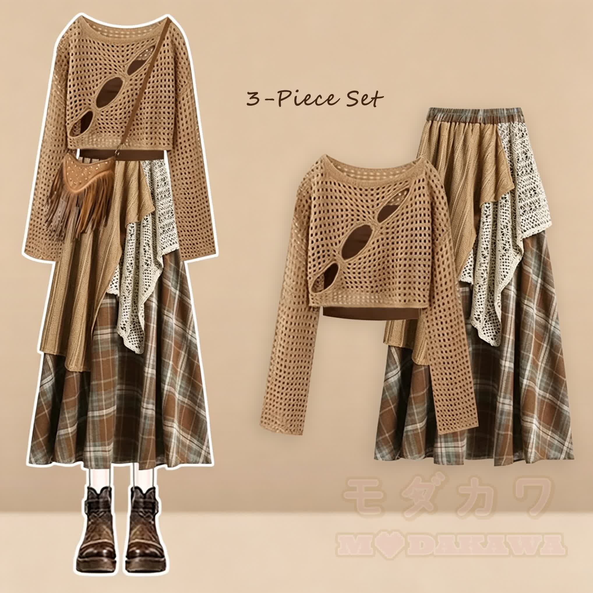 Dreiteiliges Set aus khakifarbenem Langarmshirt, Camisole-Top und asymmetrischem Rock - Dreiteiliges Set - 4XL - image 1