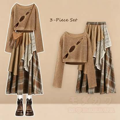 Dreiteiliges Set aus khakifarbenem Langarmshirt, Camisole-Top und asymmetrischem Rock - Dreiteiliges Set - 4XL - image 1
