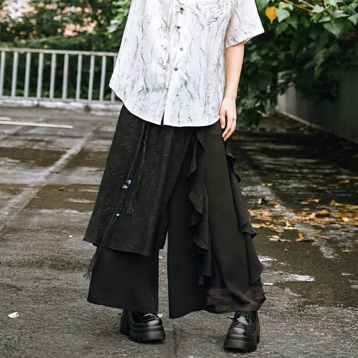 Moderne schwarze Patchwork-Hose mit weitem Bein - image 3