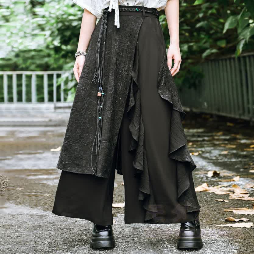 Moderne schwarze Patchwork-Hose mit weitem Bein - Schwarz - 3XL - image 2