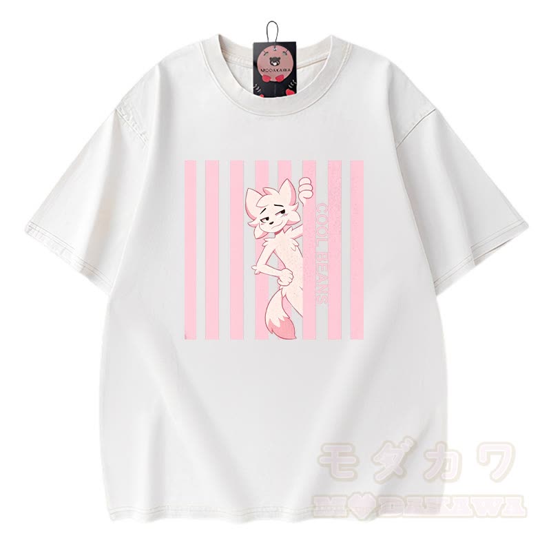 COOL BEANS Anime Fuchs Grafik Modakawa Vintage gewaschenes T-Shirt aus 100% Baumwolle - Weiß - 3XL - image 3