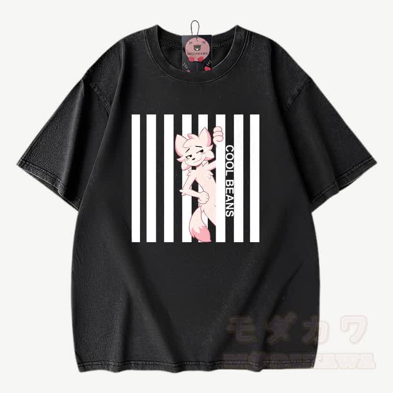 COOL BEANS Anime Fuchs Grafik Modakawa Vintage gewaschenes T-Shirt aus 100% Baumwolle - Schwarz - 3XL - image 2