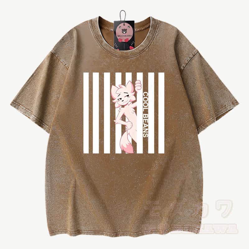 COOL BEANS Anime Fuchs Grafik Modakawa Vintage gewaschenes T-Shirt aus 100% Baumwolle - Braun - 3XL - image 1