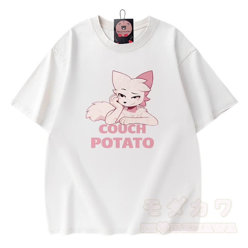 COUCH POTATO Anime Fuchs Grafik Modakawa Vintage gewaschenes T-Shirt aus 100% Baumwolle - Weiß - 3XL - image 5