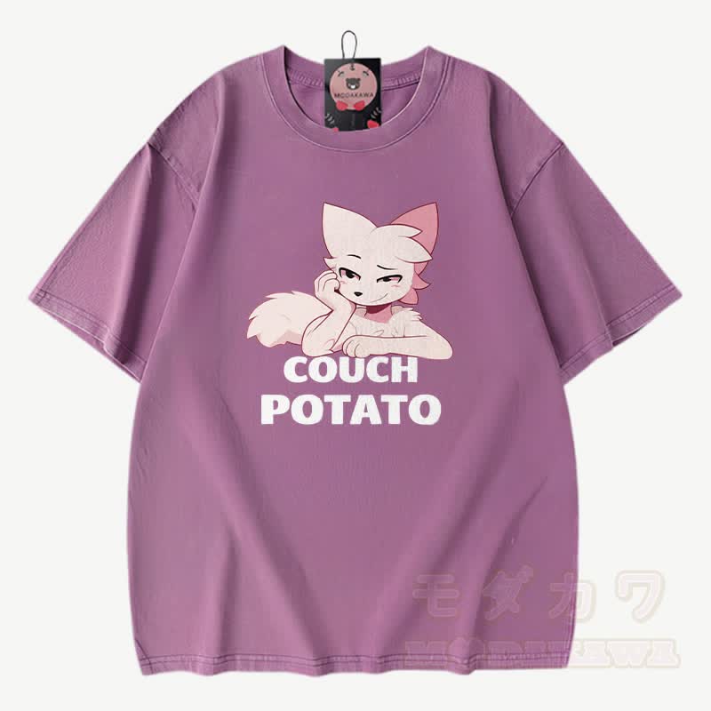 COUCH POTATO Anime Fuchs Grafik Modakawa Vintage gewaschenes T-Shirt aus 100% Baumwolle - Lila - 3XL - image 7