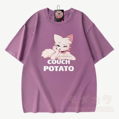 COUCH POTATO Anime Fuchs Grafik Modakawa Vintage gewaschenes T-Shirt aus 100% Baumwolle - Lila - 3XL - image 7