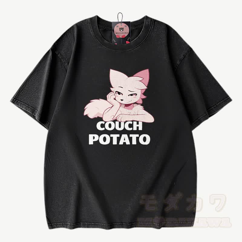 COUCH POTATO Anime Fuchs Grafik Modakawa Vintage gewaschenes T-Shirt aus 100% Baumwolle - Schwarz - 3XL - image 3