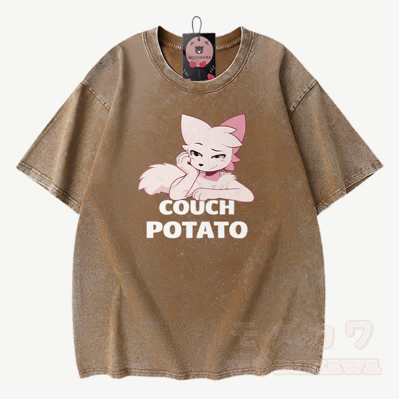 COUCH POTATO Anime Fuchs Grafik Modakawa Vintage gewaschenes T-Shirt aus 100% Baumwolle - Braun - 3XL - image 2