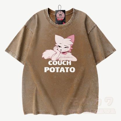 COUCH POTATO Anime Fuchs Grafik Modakawa Vintage gewaschenes T-Shirt aus 100% Baumwolle - Braun - 3XL - image 2
