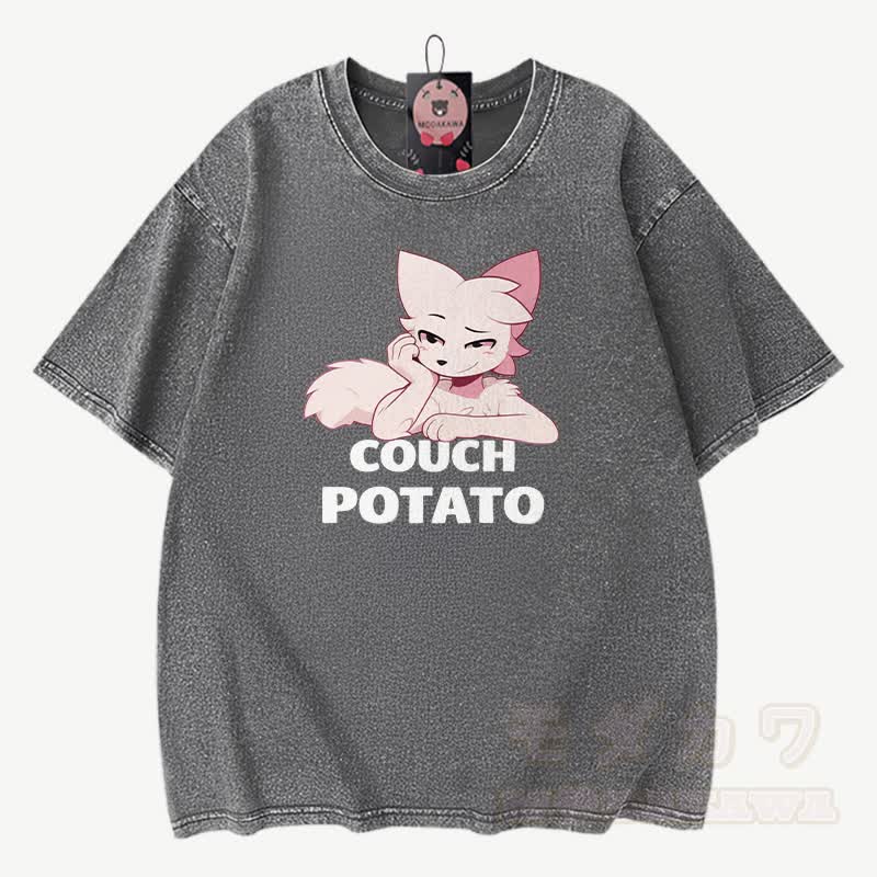 COUCH POTATO Anime Fuchs Grafik Modakawa Vintage gewaschenes T-Shirt aus 100% Baumwolle - Grau - 3XL - image 1