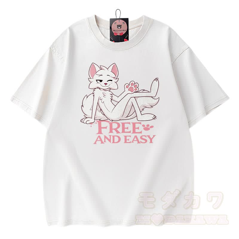 FREE AND EASY: Anime-Fuchs-Grafik, Modakawa Vintage-Waschung, 100 % Baumwolle, T-Shirt - Weiß - 3XL - image 5