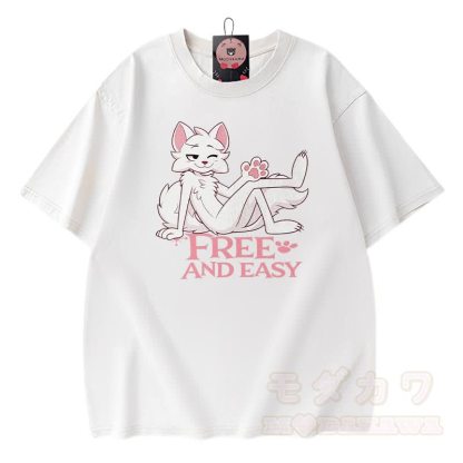 FREE AND EASY: Anime-Fuchs-Grafik, Modakawa Vintage-Waschung, 100 % Baumwolle, T-Shirt - Weiß - 3XL - image 5