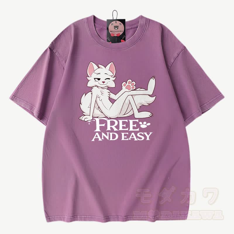FREE AND EASY: Anime-Fuchs-Grafik, Modakawa Vintage-Waschung, 100 % Baumwolle, T-Shirt - Lila - 3XL - image 6