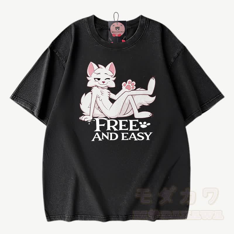 FREE AND EASY: Anime-Fuchs-Grafik, Modakawa Vintage-Waschung, 100 % Baumwolle, T-Shirt - Schwarz - 3XL - image 4