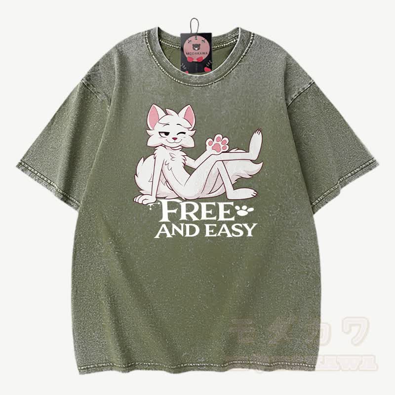 FREE AND EASY: Anime-Fuchs-Grafik, Modakawa Vintage-Waschung, 100 % Baumwolle, T-Shirt - Grün - 3XL - image 2