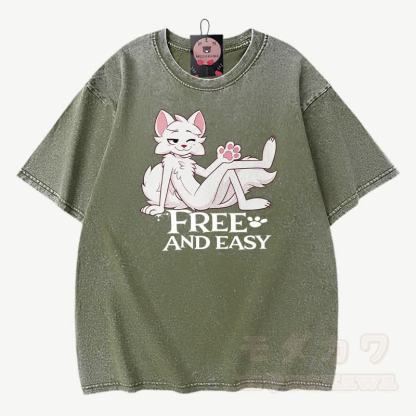 FREE AND EASY: Anime-Fuchs-Grafik, Modakawa Vintage-Waschung, 100 % Baumwolle, T-Shirt - Grün - 3XL - image 2