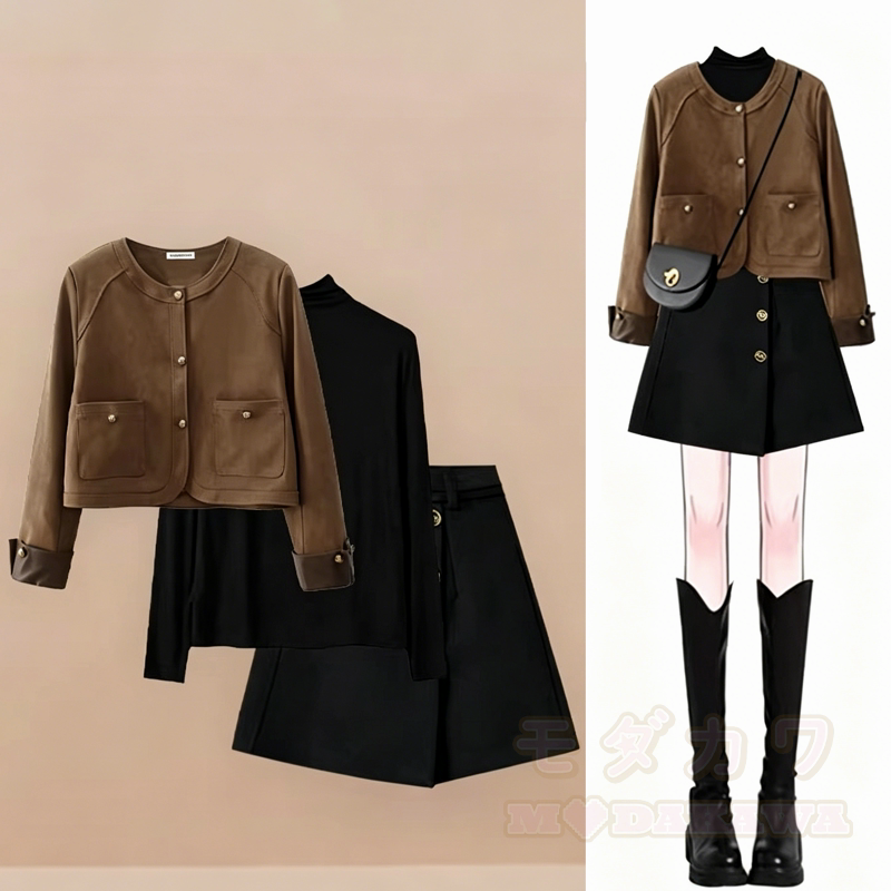 Wildlederjacke, Rollkragenpullover, hochtaillierter Rock, dreiteiliges Set - Satz - 3XL - image 1
