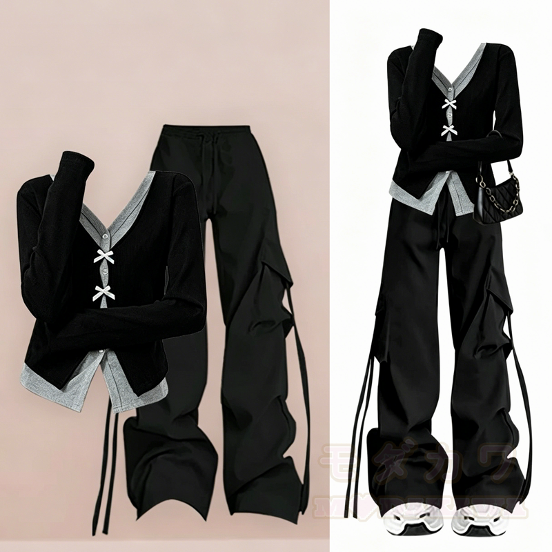 Zweiteiliges Set: Langarmshirt mit Schleife in Farben -Optik, weite Hose und passende Hose. - Satz - 3XL - image 1