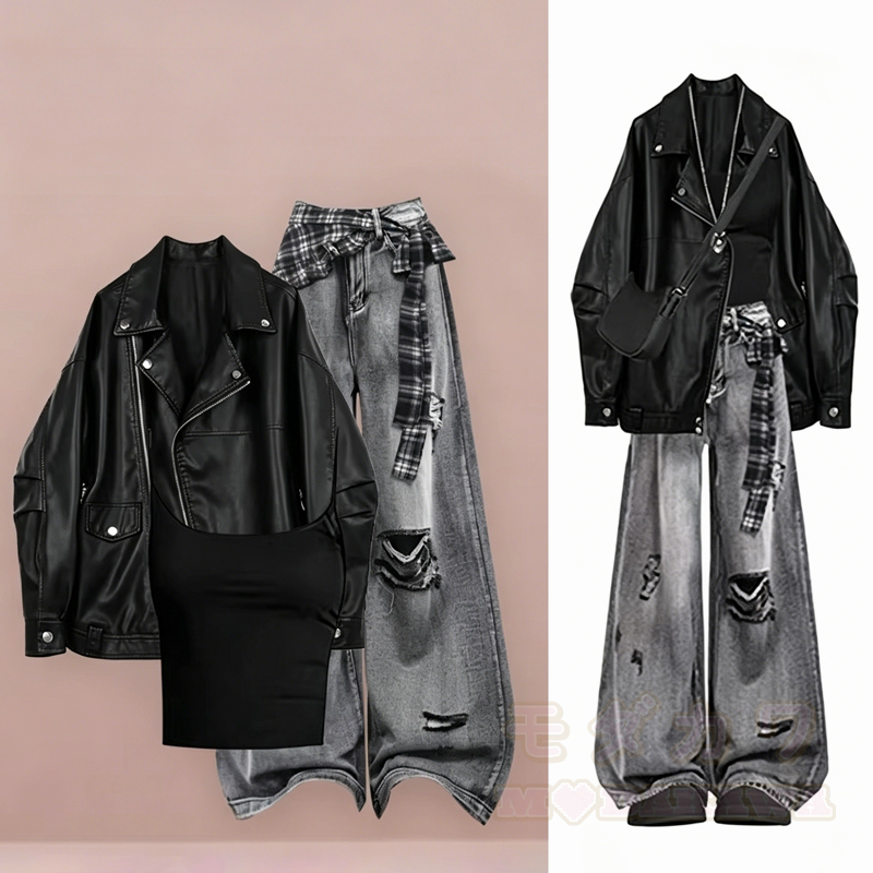 Dreiteiliges Set aus dunkler Vintage-Lederjacke und Jeans - Satz - 3XL - image 1