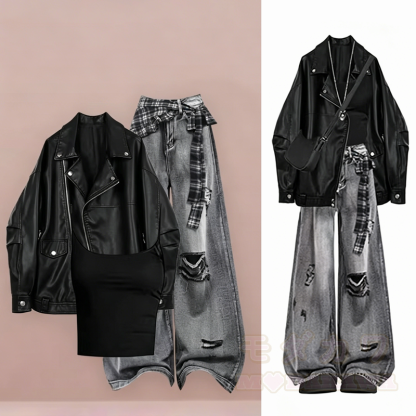 Dreiteiliges Set aus dunkler Vintage-Lederjacke und Jeans - Satz - 3XL - image 1