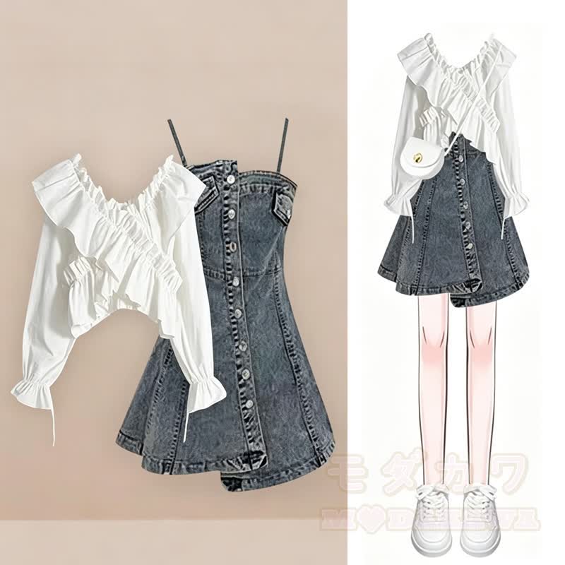 Zweiteiliges Set aus Rüschen-Jeanskleid mit langen Ärmeln - Satz - 3XL - image 1