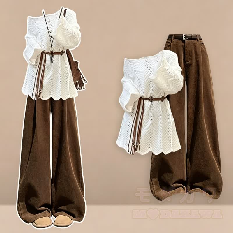 Zweiteiliges Set: Stricküberwurf mit langen Ärmeln und Gürtel, Cordhose mit Lochmuster - Braunes Set - 4XL - image 1