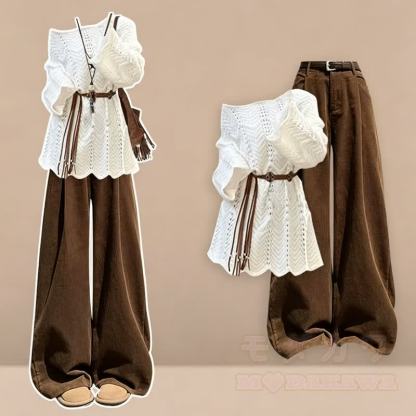 Zweiteiliges Set: Stricküberwurf mit langen Ärmeln und Gürtel, Cordhose mit Lochmuster - Braunes Set - 4XL - image 1