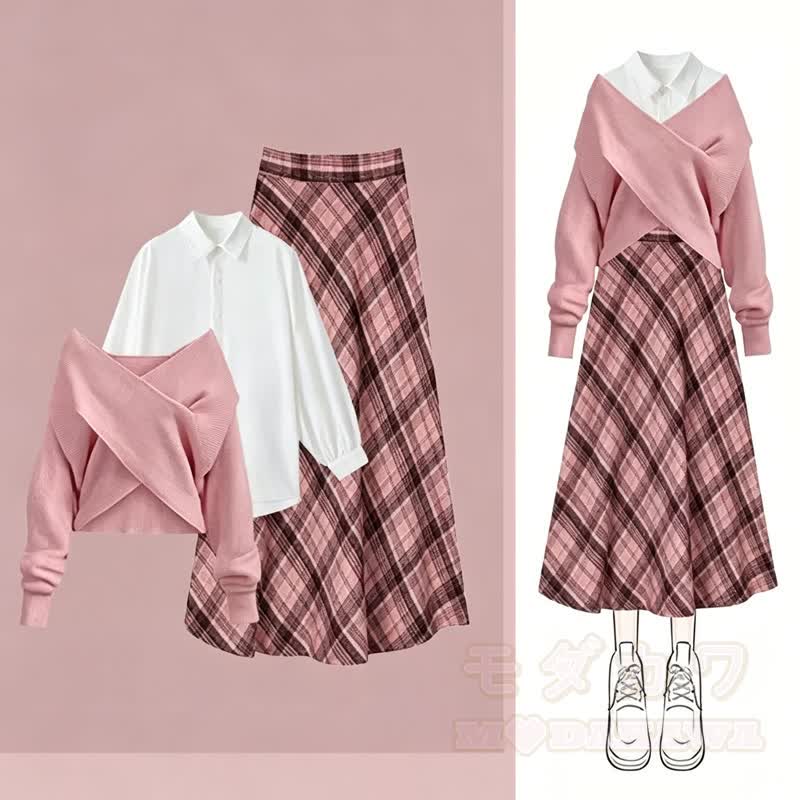 Dreiteiliges Set: Wickelpullover, Hemd mit Reverskragen, karierter Midirock - Satz - 4XL - image 1