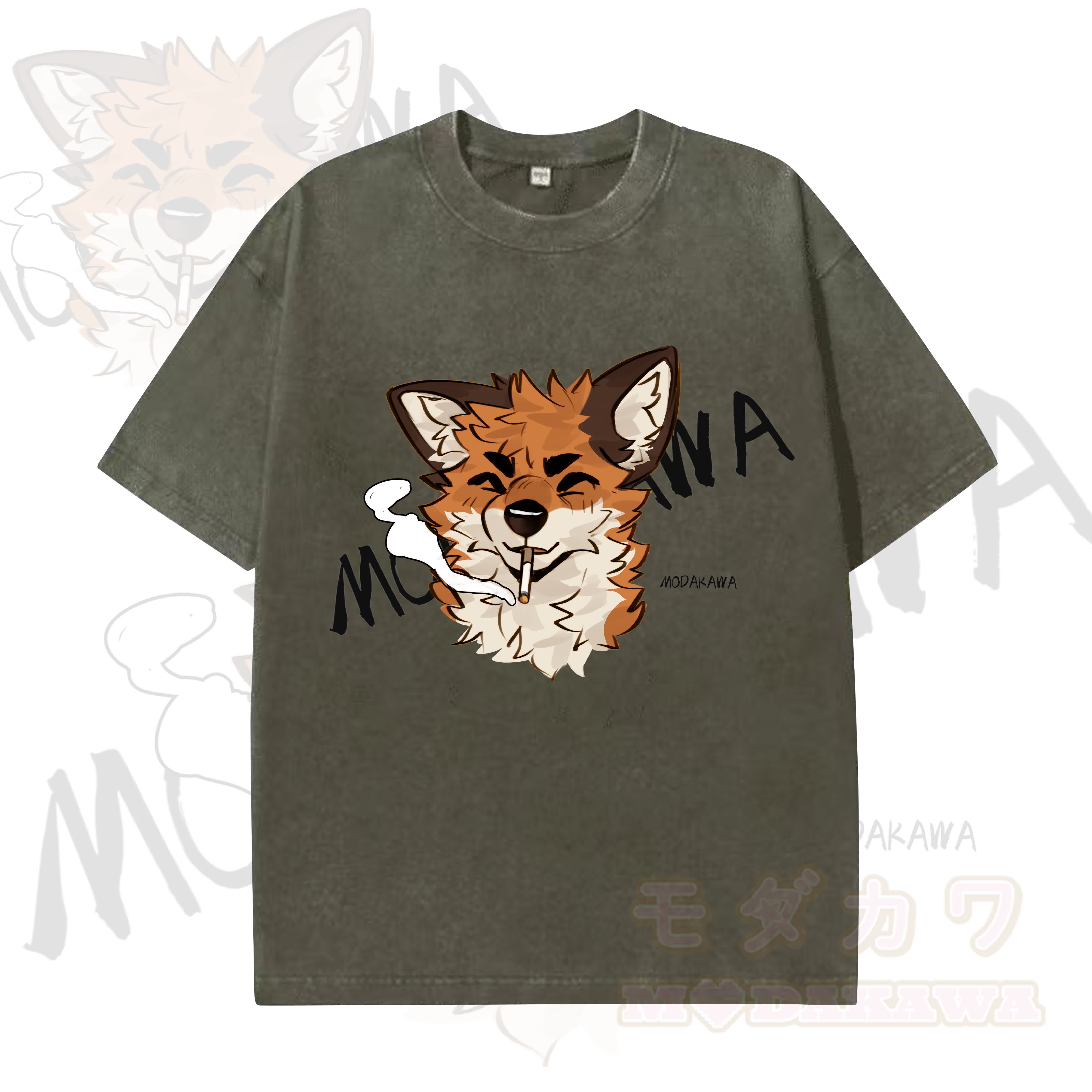 MODAKAWA X atka Lustiges Fuchs-Grafik-Vintage-Waschungs-T-Shirt - Dunkelgrün - 5XL - image 7