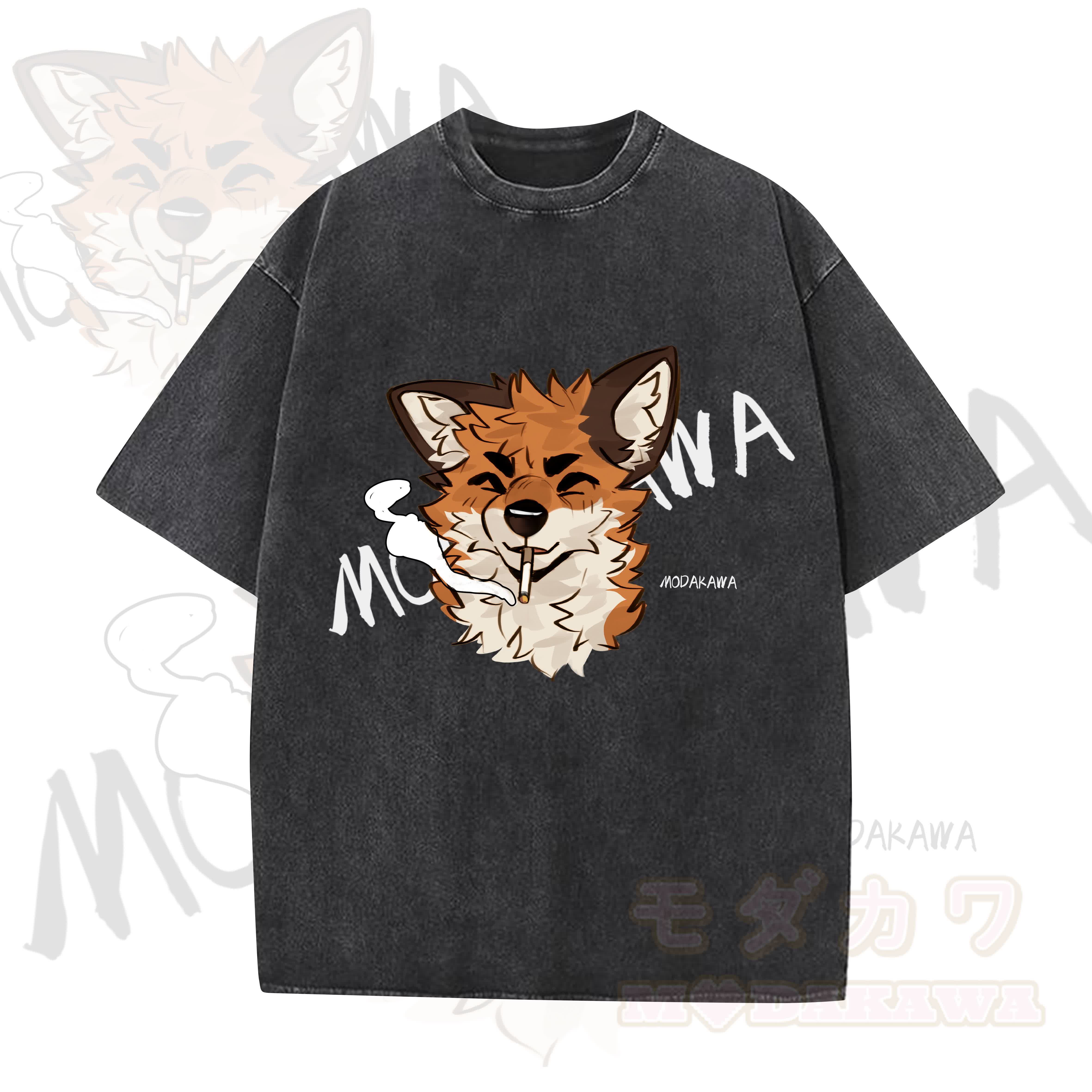 MODAKAWA X atka Lustiges Fuchs-Grafik-Vintage-Waschungs-T-Shirt - Schwarz - 5XL - image 1