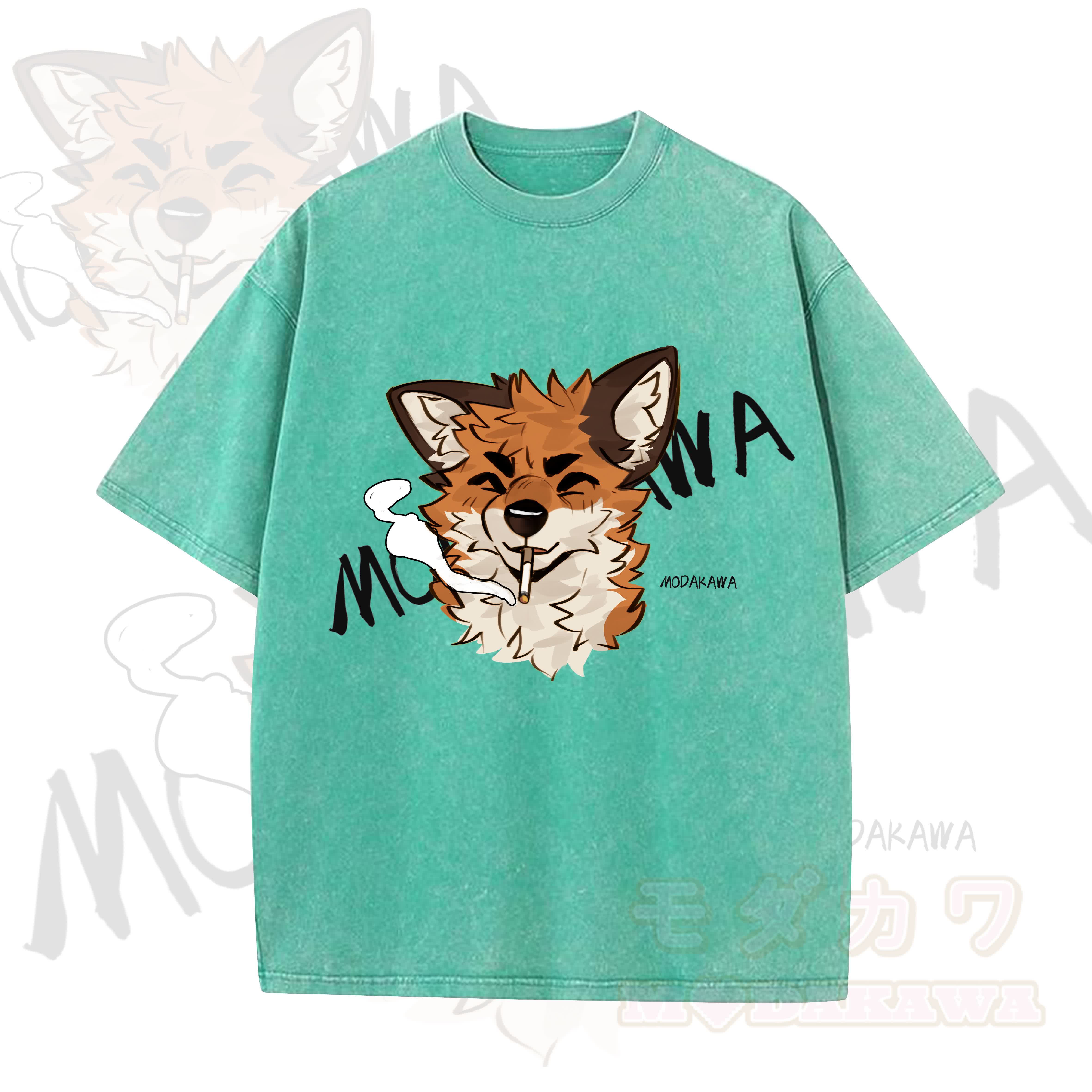 MODAKAWA X atka Lustiges Fuchs-Grafik-Vintage-Waschungs-T-Shirt - Grün - 5XL - image 8