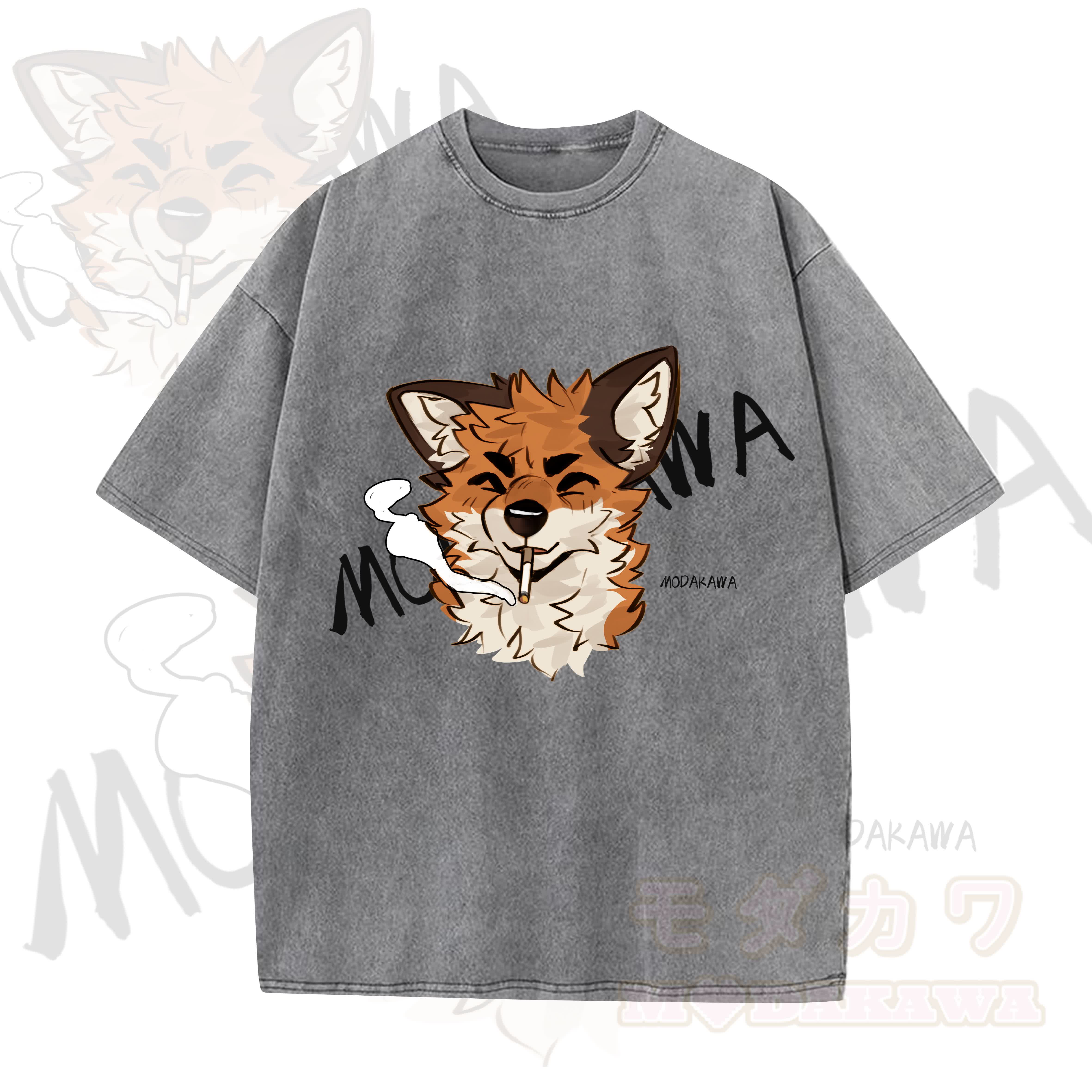 MODAKAWA X atka Lustiges Fuchs-Grafik-Vintage-Waschungs-T-Shirt - Grau - 5XL - image 5