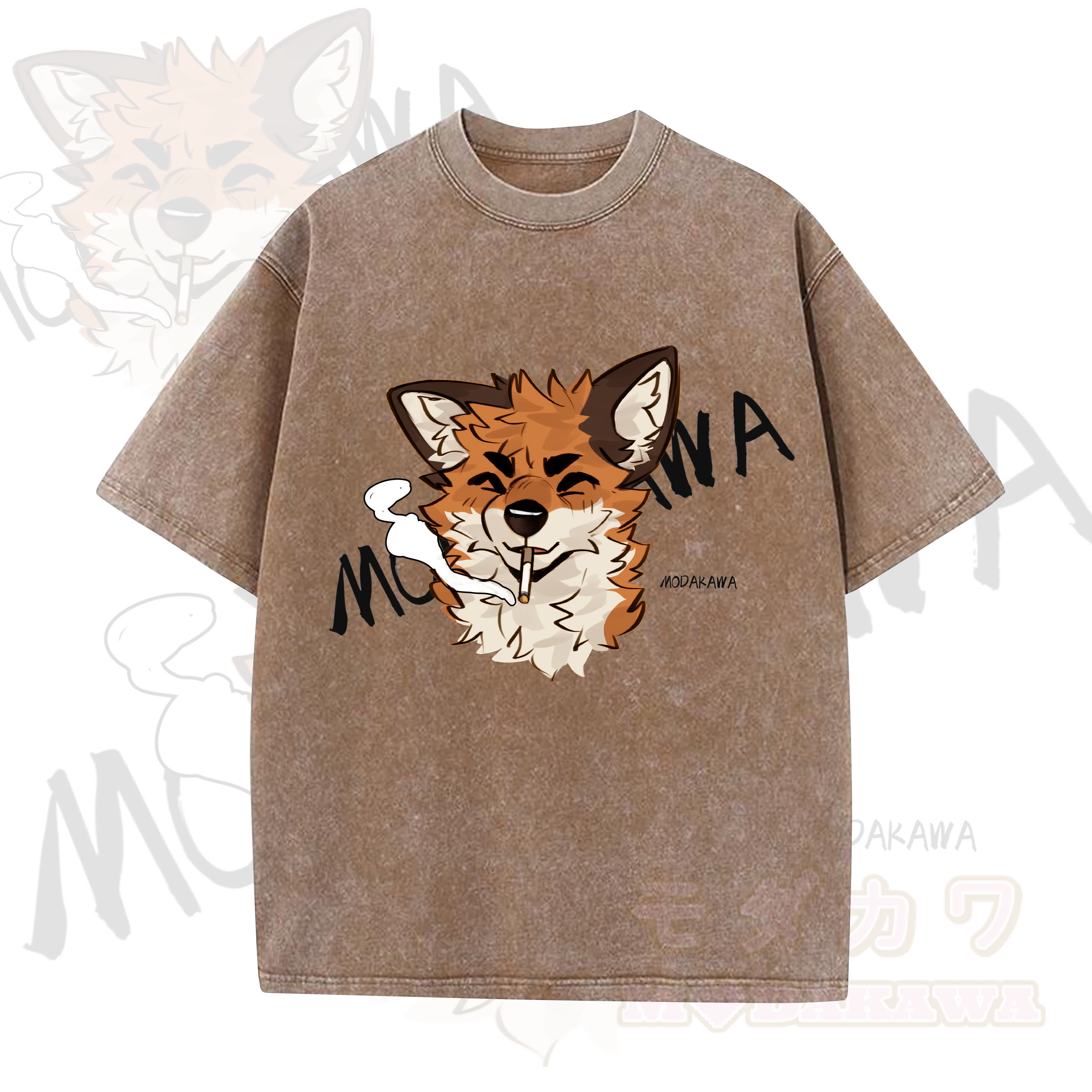 MODAKAWA X atka Lustiges Fuchs-Grafik-Vintage-Waschungs-T-Shirt - Braun - 5XL - image 4