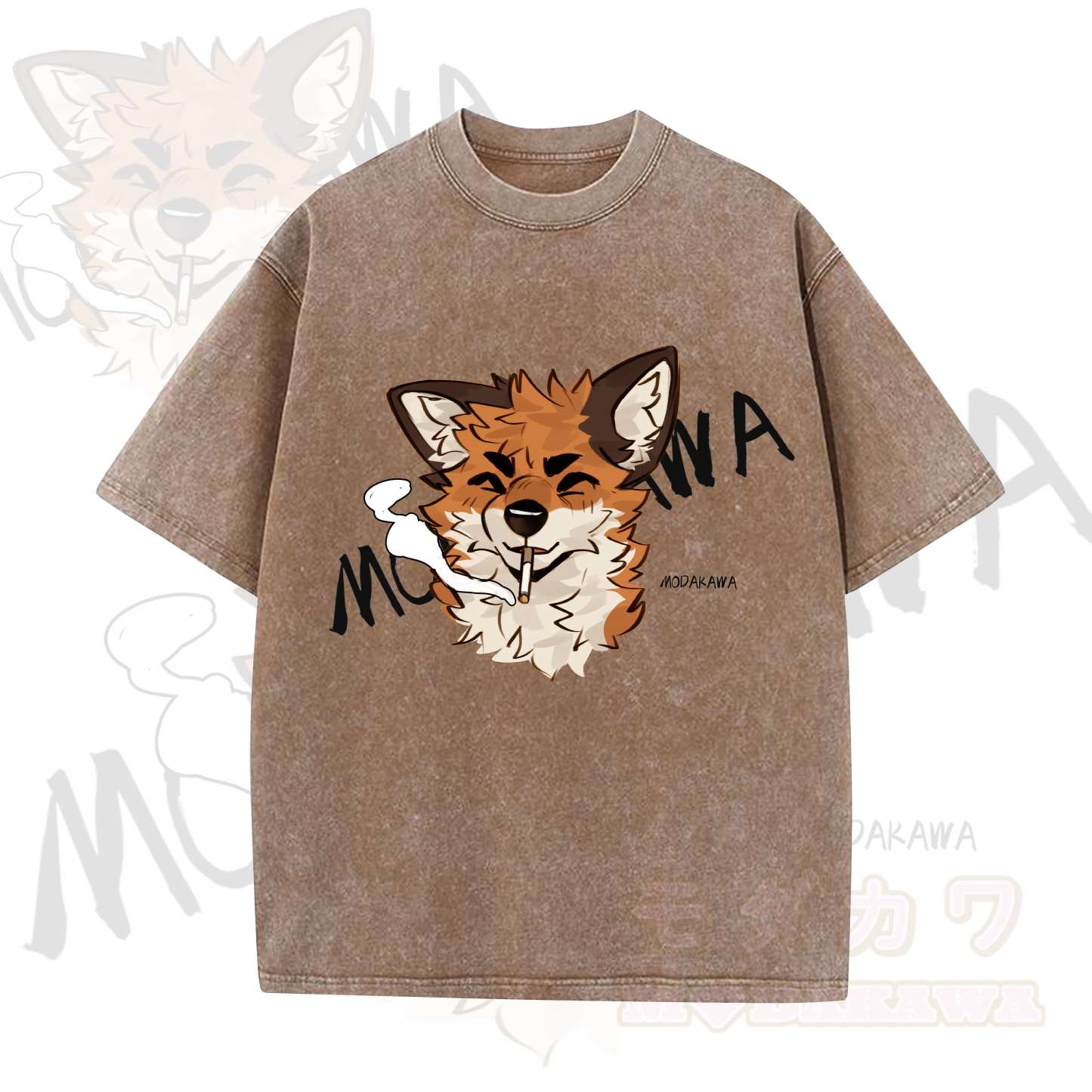 MODAKAWA X atka Lustiges Fuchs-Grafik-Vintage-Waschungs-T-Shirt - Braun - 5XL - image 4